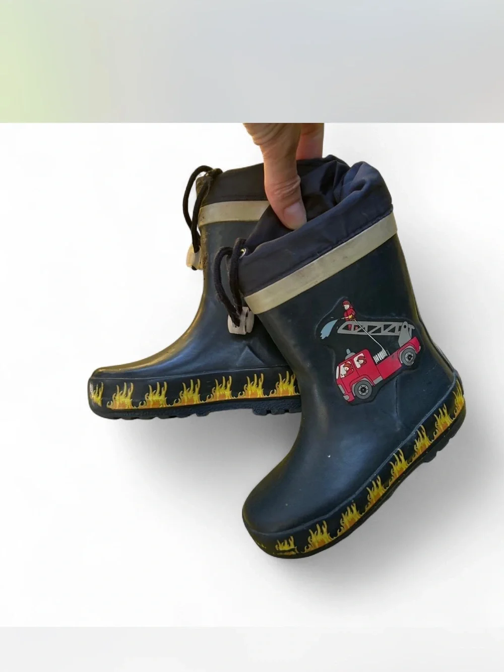 Kids Black Fire Truck Rain Boots with Yellow Flame Trim